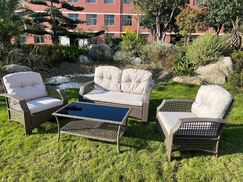 Mimbre Muebles de jardín al aire libre el mimbre sofá con mesa de vidrio