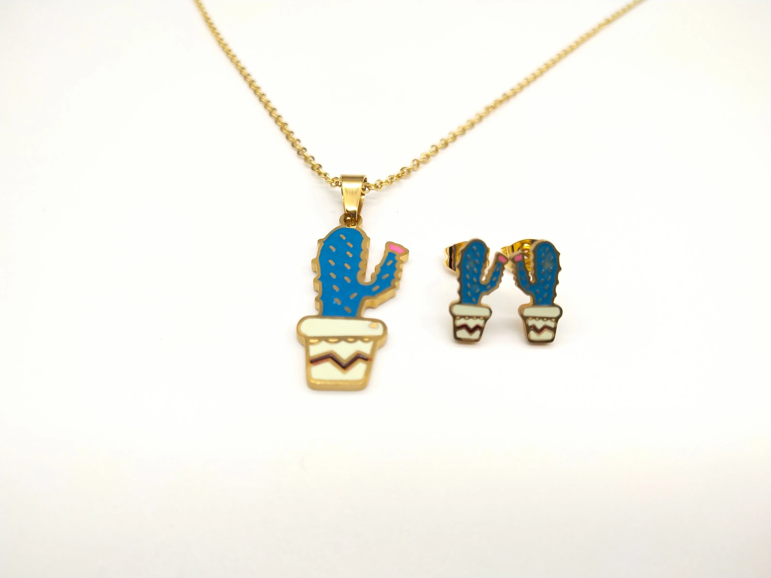 2023 Wholesale/Supplier New Fashion Gold Plated Colorful Cactus Stud Earrings Necklace Jewelry Set for Women