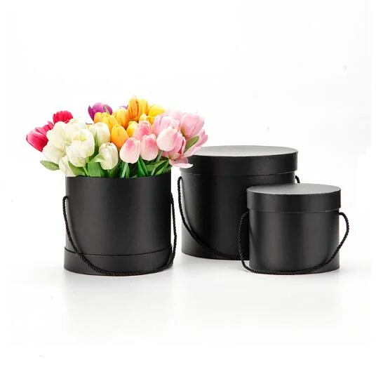 Hot Sale Cylinder Florist Portable Box Black Round Flower Hat Box Flower Gift Box 3PCS Sets