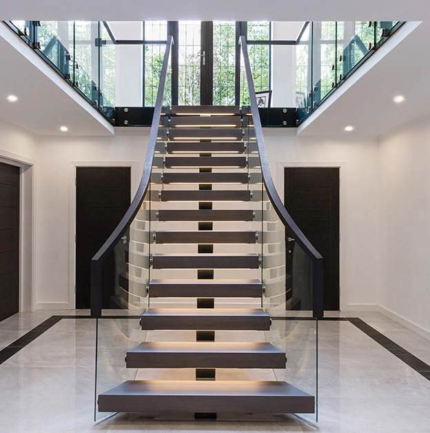 Escalier flottant droit en bois massif intérieur moderne avec rampe en verre trempé Prix