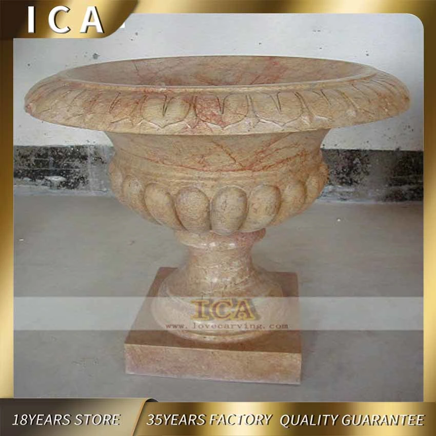 Hand-Carved Marble Round Garden Decoration Nature Stone Flowerpot