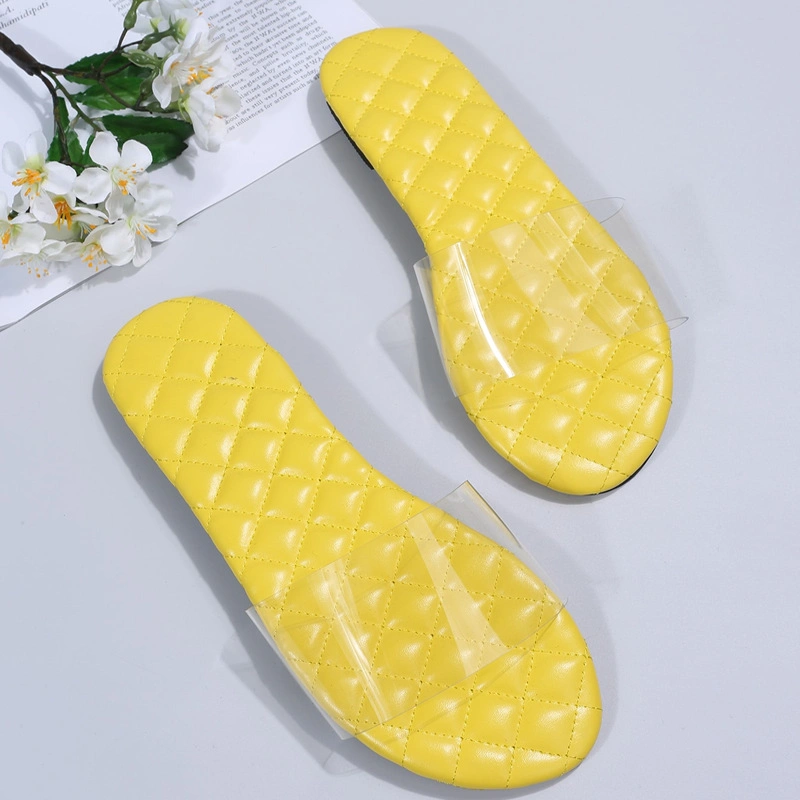 Women Slippers Flat Heel Transparent Upper PU Solid Insole Sewing Fashion Casual Slides Outdoor Ladies Shoes