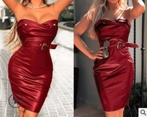 Sexy Bodycon Strapless PU Leather Club Party Mini Dress with Belt Esg11157