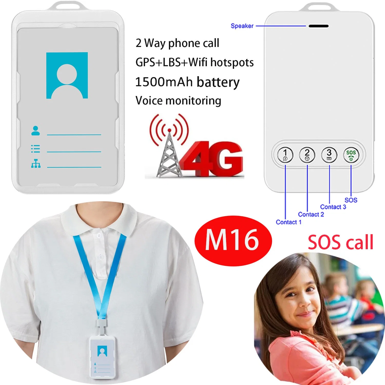 2023 neu entwickelt China Hersteller 4G Kinder Sicherheit ID Card Tracker GPS mit Sprachaufzeichnung Fernüberwachung M16