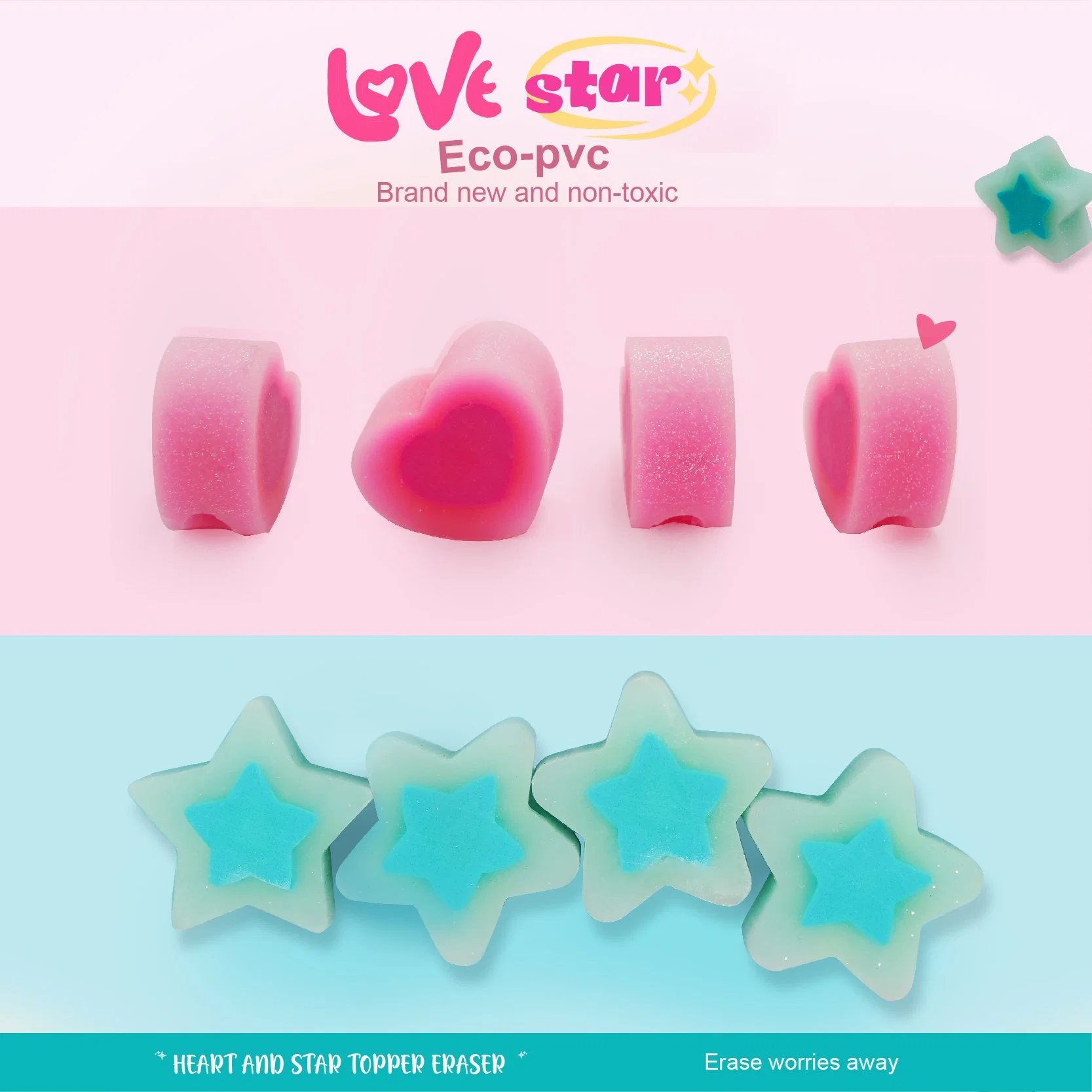 Fashionable School Stationery Eco PVC Glitter Love Heart and Star Topper Erasers (GW402)