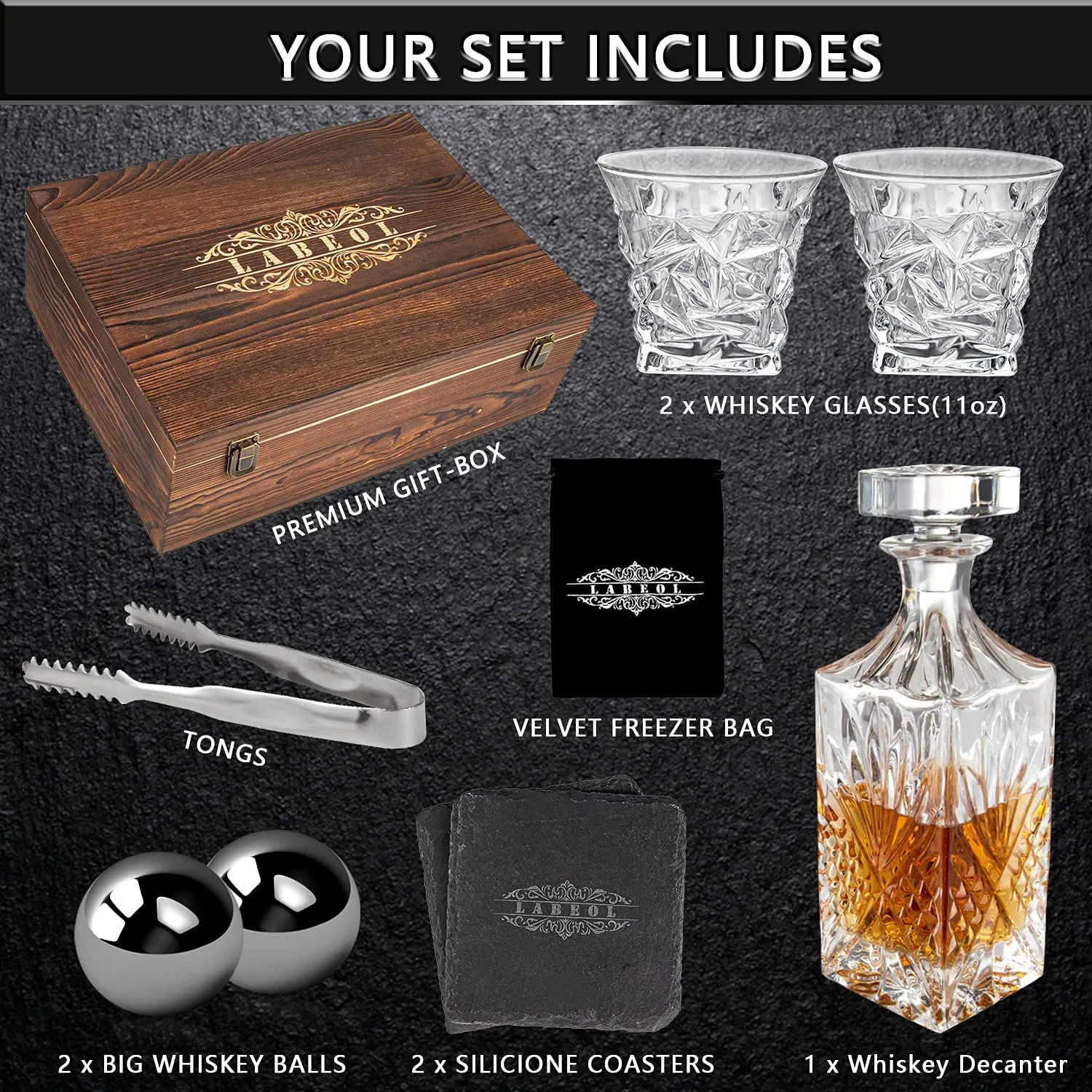 Ensemble de carafe à vin Whiskey Stones pour hommes 2 dessous de verre en acier inoxydable 2 Slate en forme de boule de whisky réutilisable Boîte en bois