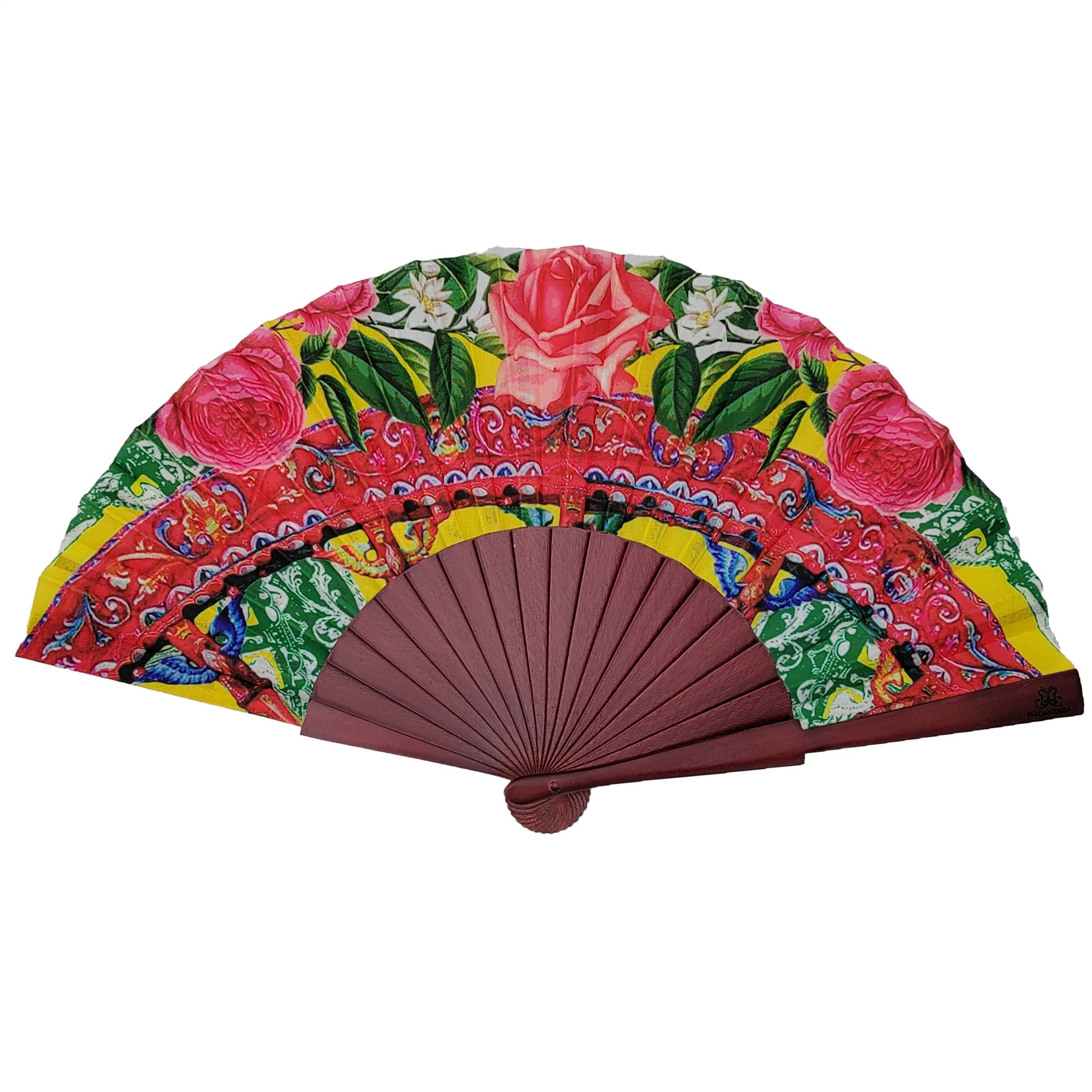 Painted All Color of The Ribs+Customized Fabric Wood Hand Fan for Gift Size 9" 42