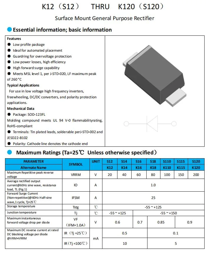 K115 1aexport Schottky de Outlets K12~K120 diodo Schottky