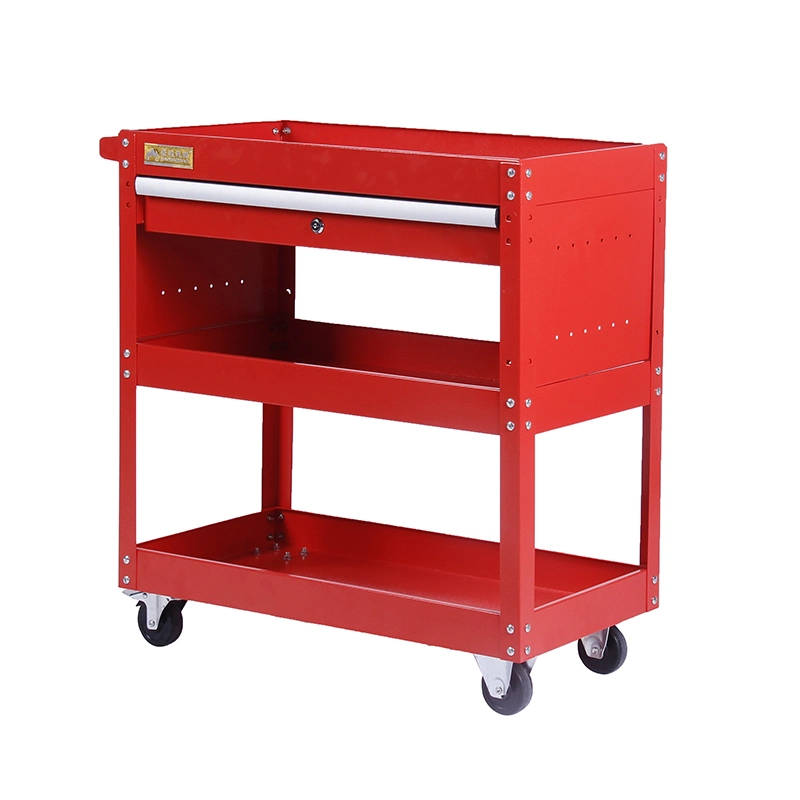 3-Tire Red Rolling Tool Trolley Metal Tool Cart with Lockable Drawer