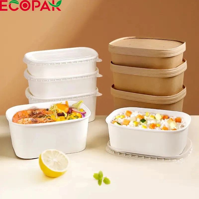 Custom biodegradable Kraft papel cuencos Embalaje de alimentos forma rectangular ensalada Recipientes de fruta