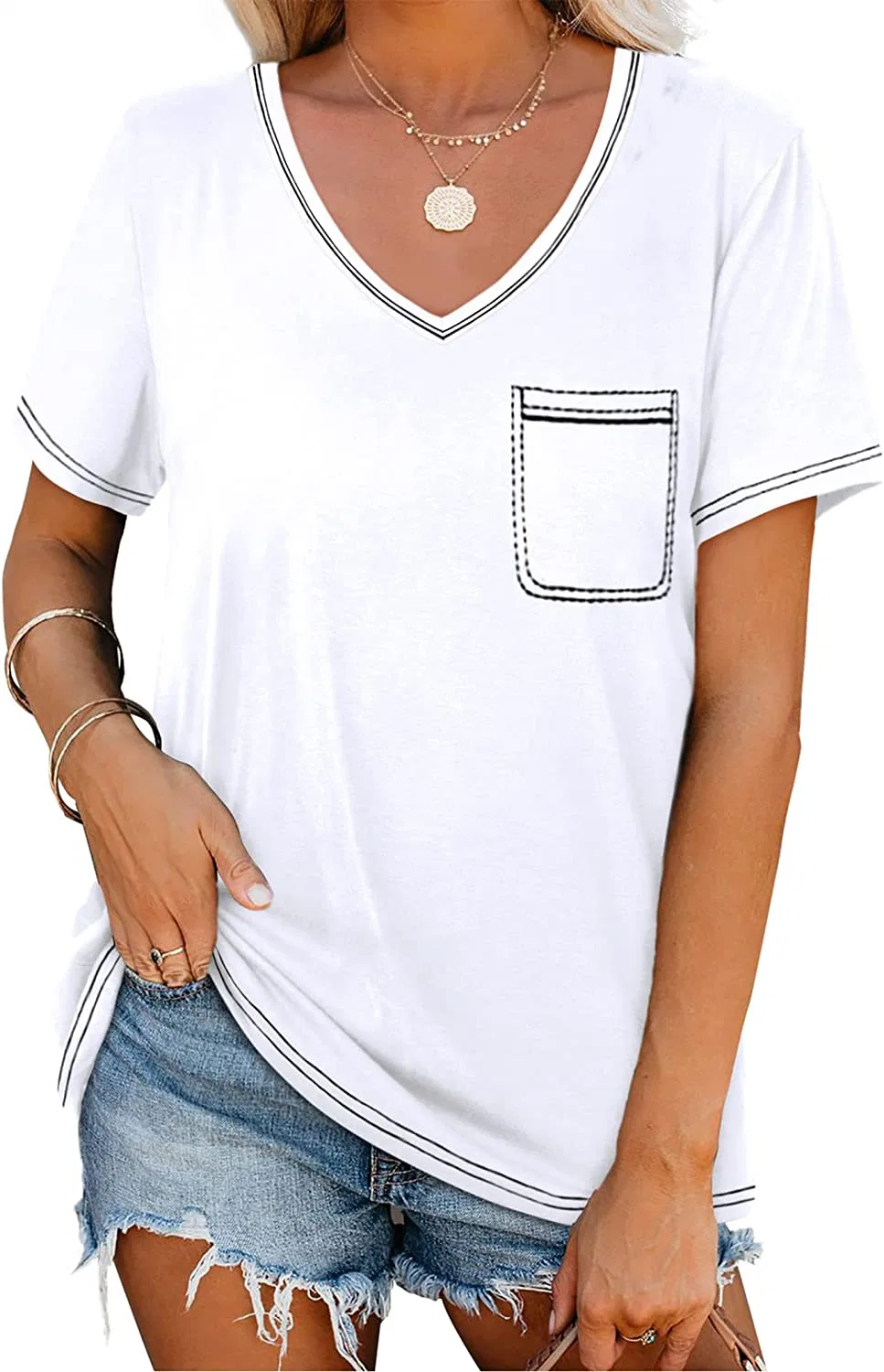 Nuevo diseño de moda Dama OEM Tops cuello V camisetas de manga corta para mujer