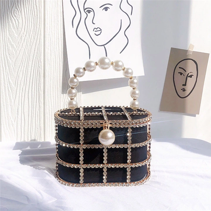 Eb1415 Wedding Party Prom Crystal Clutch Bags Rhinestone Metal Bucket Purse Chic Women Basket Alloy Cage Pearl Bag