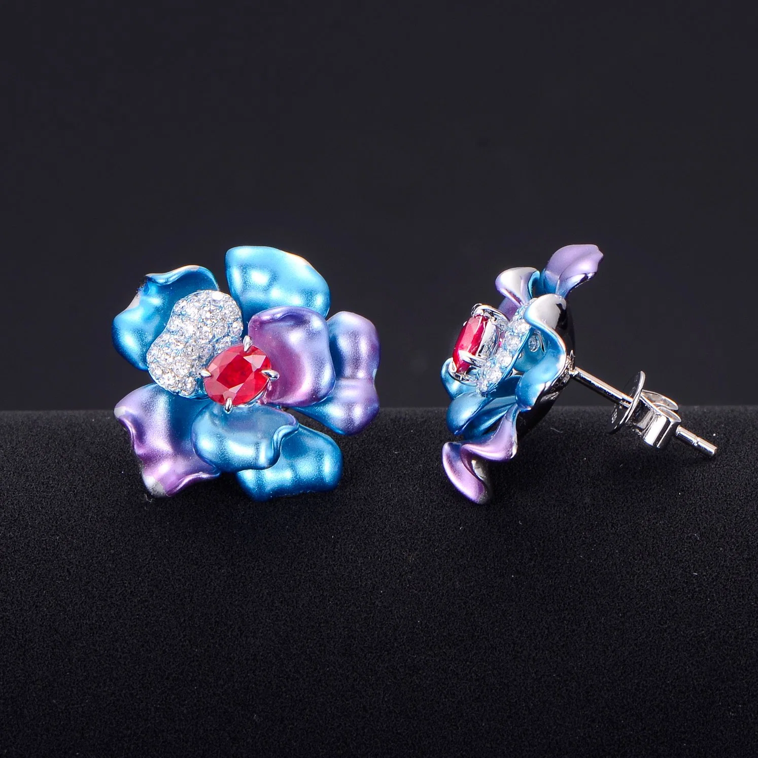 Fashion Jewelry Oval Ruby Flower Earrings for Women Gold Plated Stud Earrings