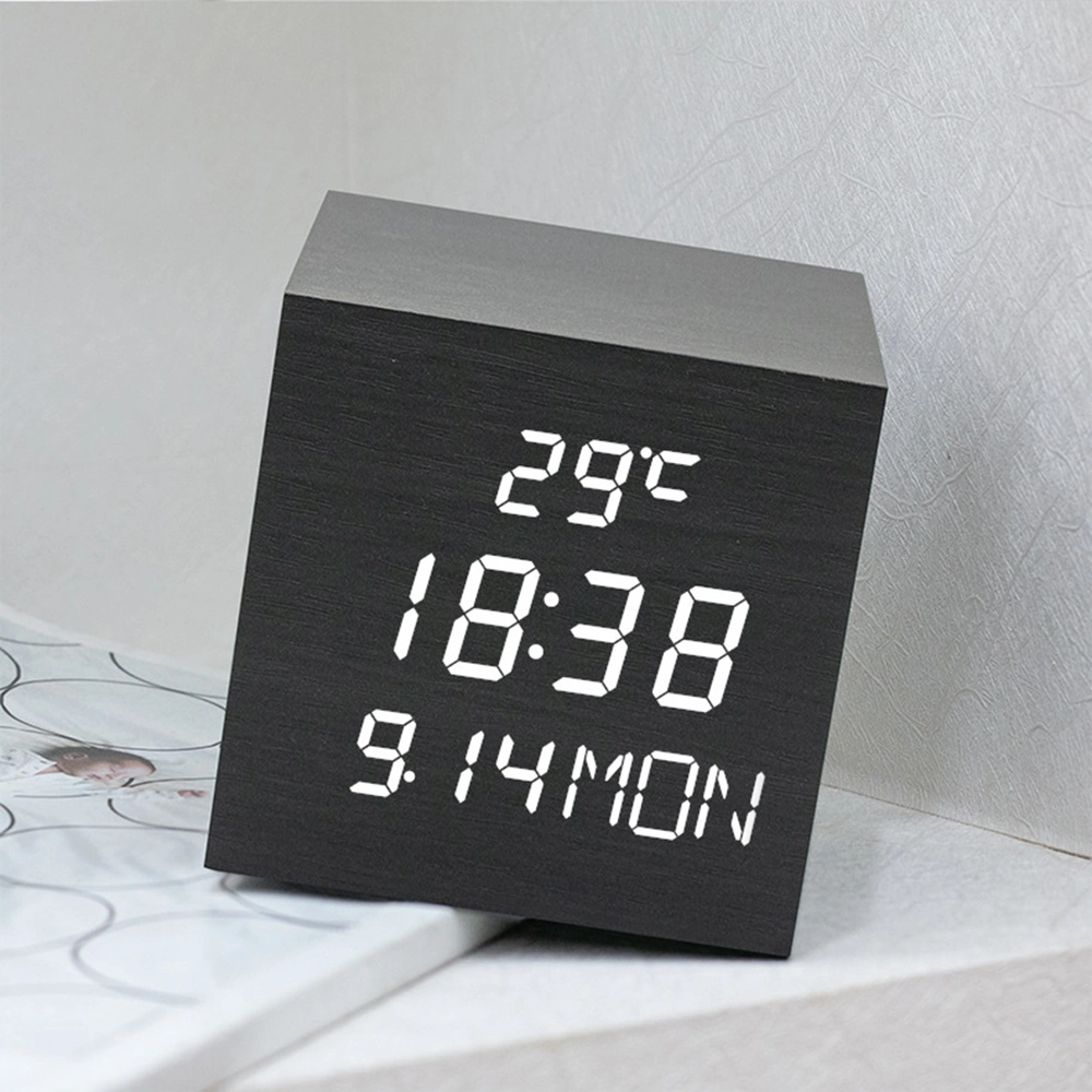 Temperature Calendar Table LED Alarm Clock Wood Effect Desk Gift