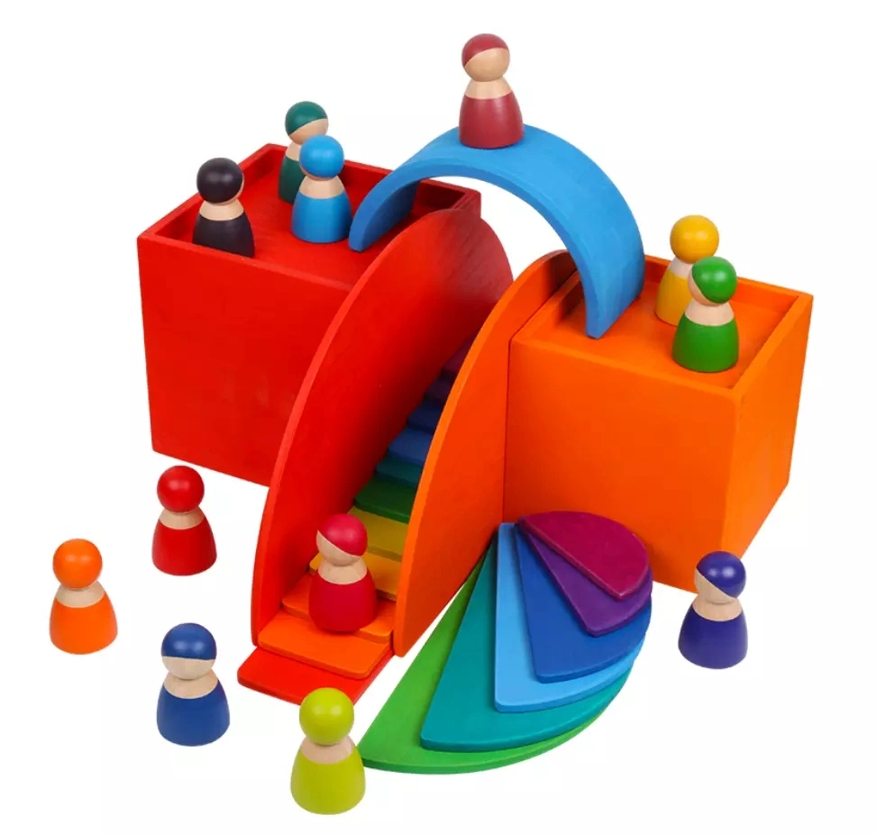 Cuadro de conjunto de Rainbow Rainbow juguetes educativos Caja de madera cuadrada Bloques de construcción