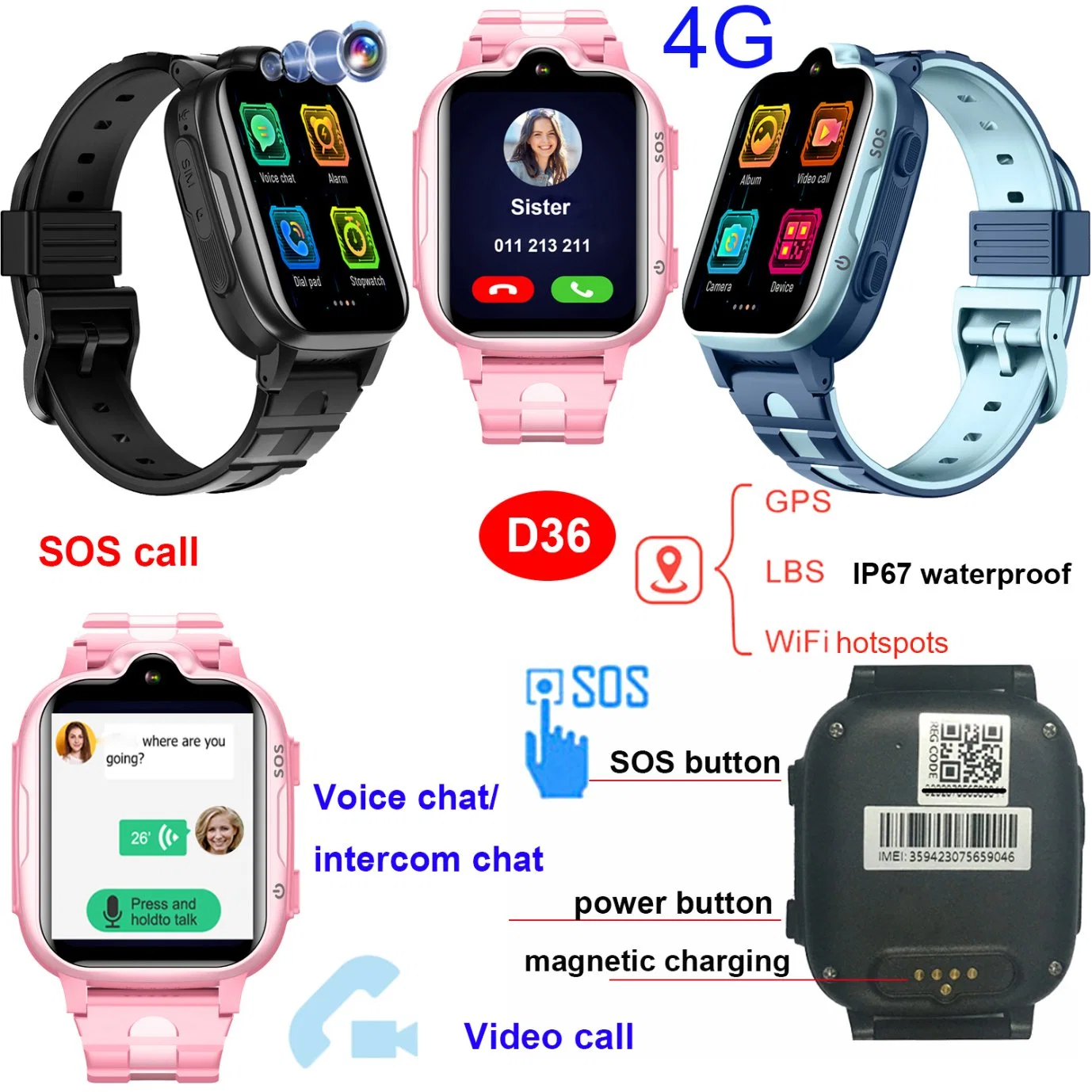 New Arrival LTE IP67 waterproof Color Touch Screen SOS Kids GPS Phone Watch with Video Call Alarm Clock D36