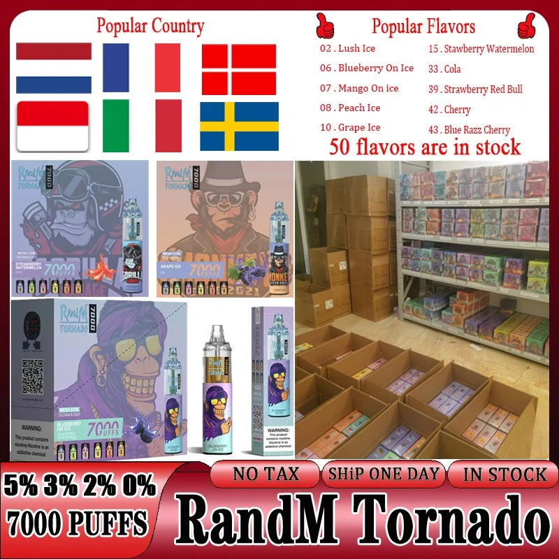 Original Randm Tornado Puff 7000 Puffs 7K lápiz de vaporización desechable Puff 7000 cigarrillos 14ml Pod malla bobina 6 RGB recargable Aire ajustable 0% 2% 3% 5% 7000 Puff