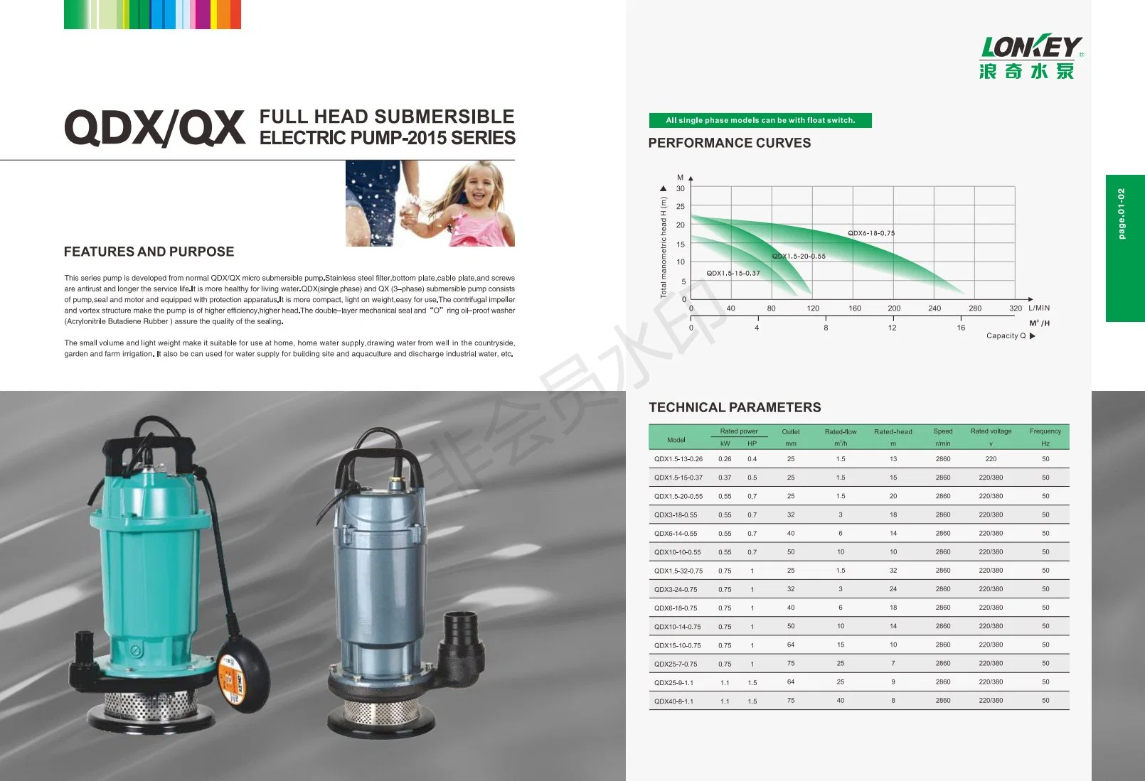 1HP 32m Bomba Elétrica Submersível Centrífuga de Água Limpa da Série Qdx com Interruptor de Flutuador.