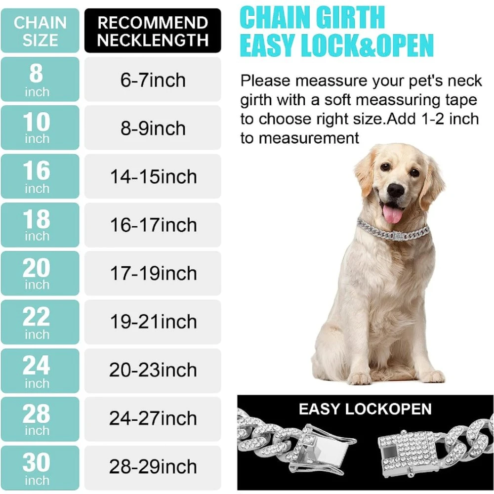 Silver Miami Cuban Link Chain Pet Cuban Crystal Collar Necklace Accessories