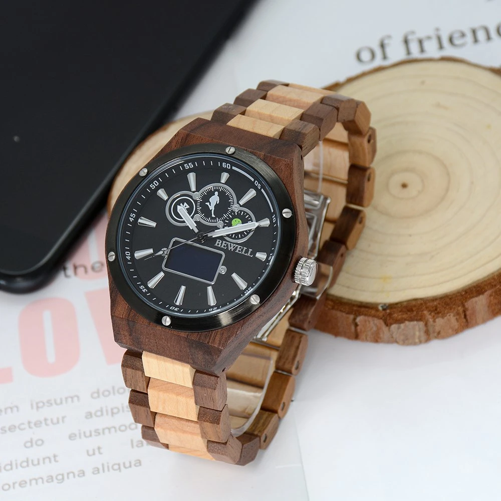 Bewell Handcrafted Wooden Smart Wrist Watch with Ss Bezel and Backcase for Mens 3ATM Waterproof