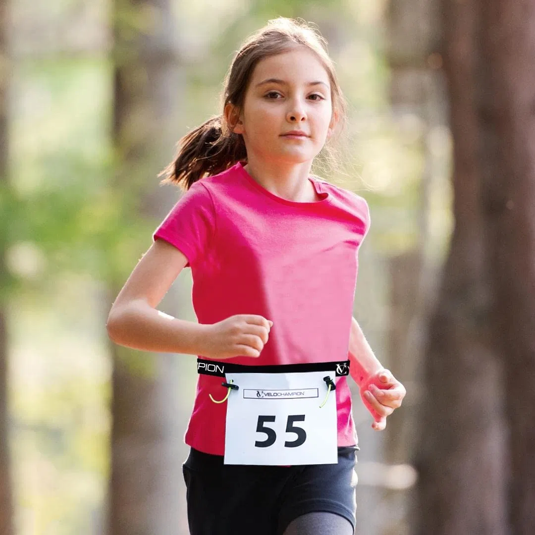 Ceinture de course en plastique avec porte-dossard rose pour numéro de course personnalisé, porte-gels pour triathlon, course à pied, marathon d'endurance.