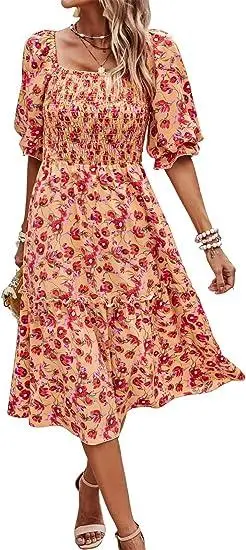 Ladies Fashion Short Sleeve Floral Skirt Square Collar Pleated Design Holiday Style Long Dress