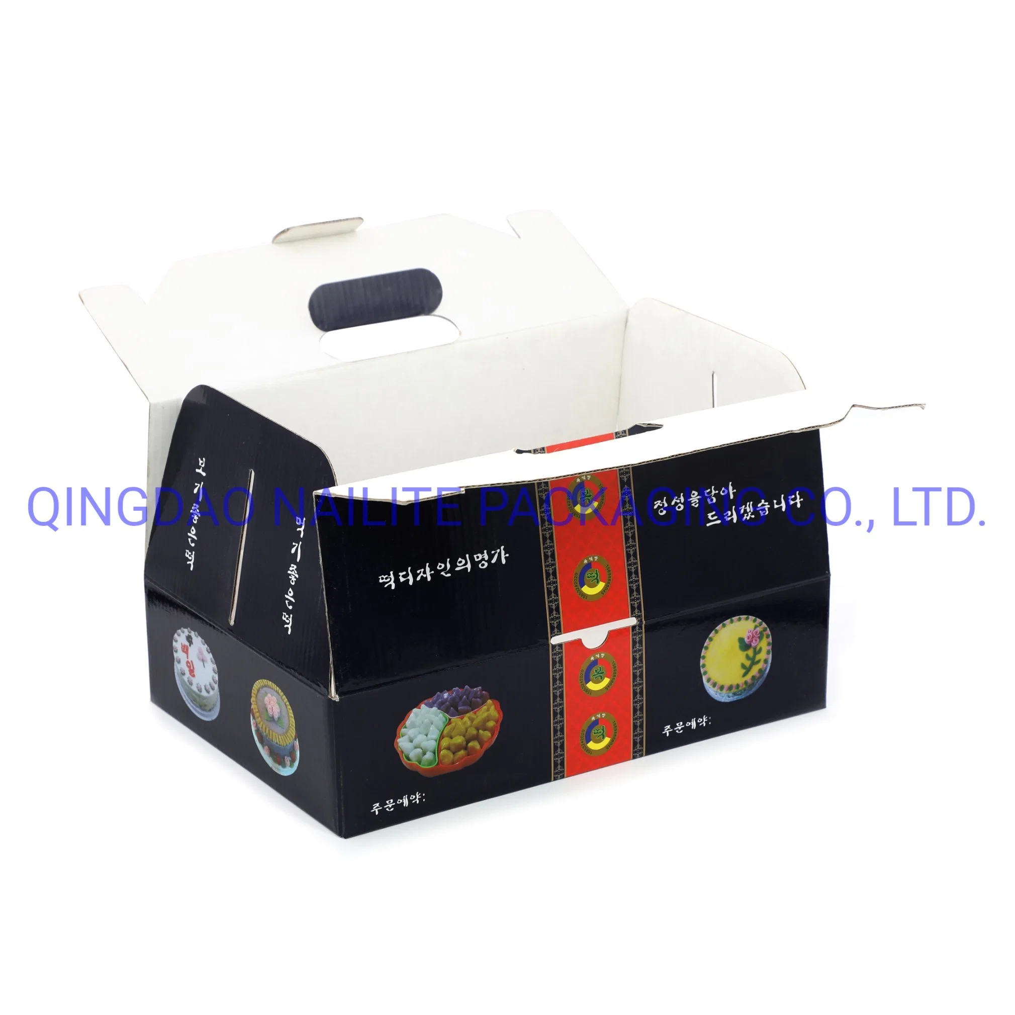 Customized Color Printed Laminating Foldable Corrugated Carton with Handle-White Cardboard Inside Gift Box for Cookies/Maruko/Bakery/Snack/Sushi