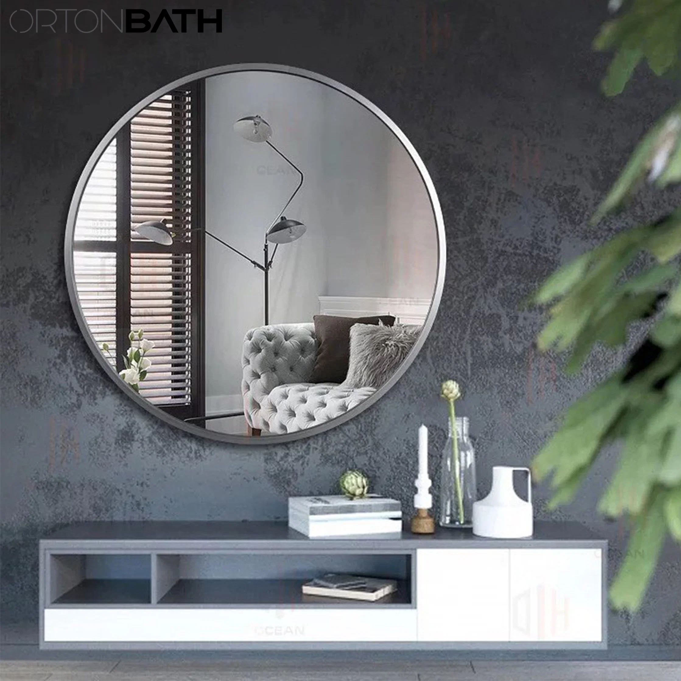 Ortonbath 34-Inch Circle Mirror Brushed Nickel Silver Wall Mounted Round Mirror, Stainless Steel Framed Mirror for Bathroom Vanity, Entryways, Living Rooms