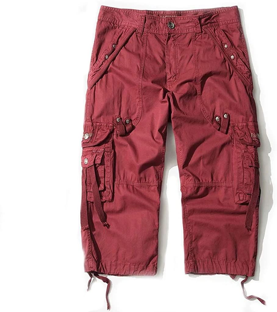 Mens Cargo Shorts Cotton 3/4 Loose Fit Below Knee Capri Cargo Short