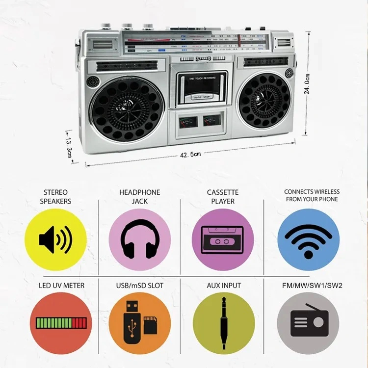 Tw M305 4-in-1 Vintage Cassette Player/Recorder/FM/MW/Sw1-Sw2 4 Band Radio Super Bass Retro Speaker with with Two Ammeter