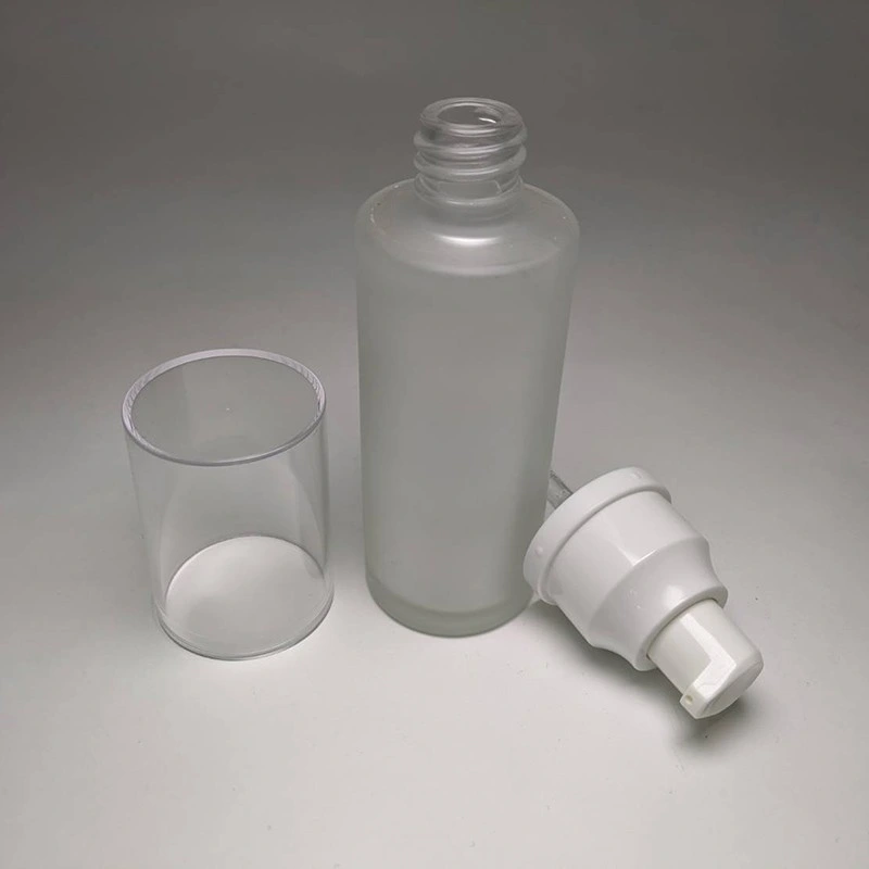 Simple Design Cylinder 50ml Matte Glass Bottle White Plastic Cream/Lotion Pump 18/415 Neck Size