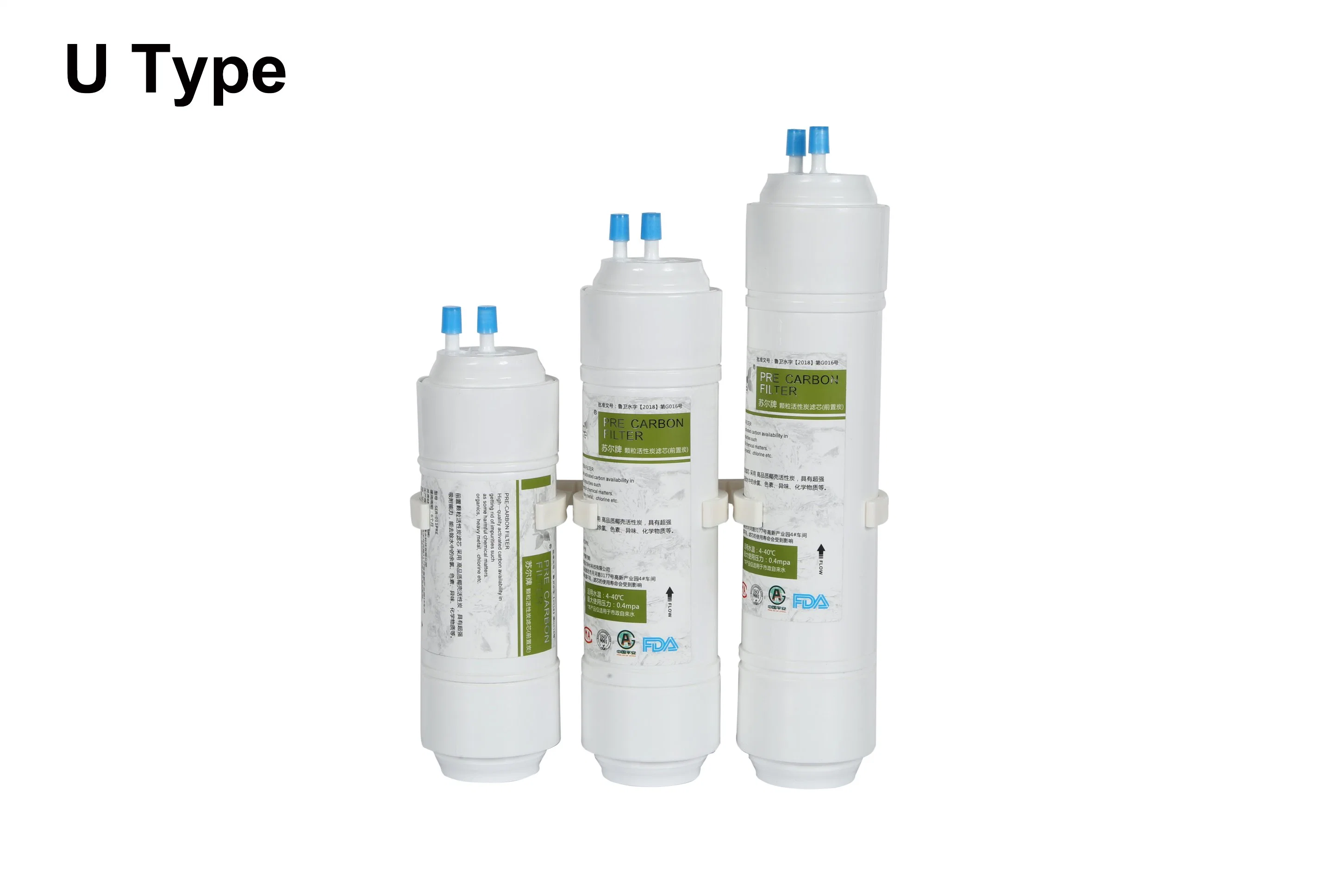 Wingsol 8 pouces Filtre à eau Corée, Type U, Raccord rapide d'entrée/sortie d'eau de 2/8" ou 3/8", Pression d'eau de 32 bars, PP/GAC/CTO/UF/RO/Résine/PC, Usine OEM.