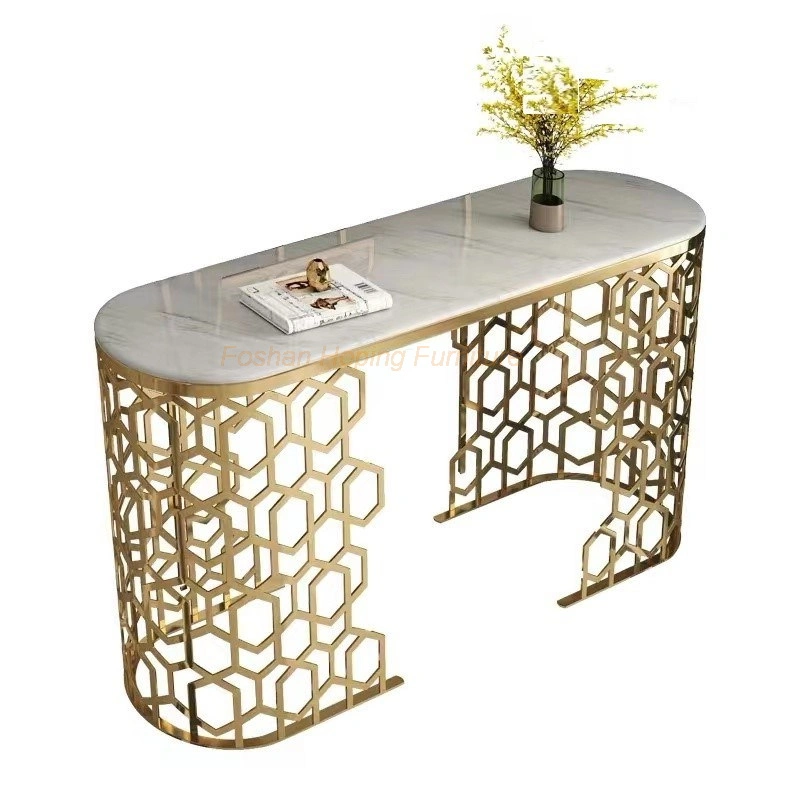 Wedding Dining Table Rectangular Stainless Steel Frame Console Desk in Golden with Brown Thick Top