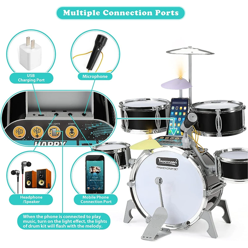 Kids Educational Musical Instrument Kit Gifts Toy Jazz Drum with Light Sound Compatible Mobile Phone/Computer/MP3 Musical Playset Microphone