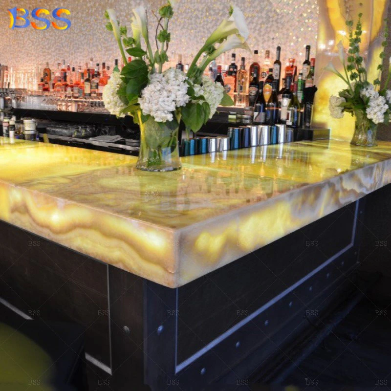 Hotel Restaurant Bar Counter Design Custom Built Onyx LED Stone Translucent Marble Modern Bar Counter Restaurant