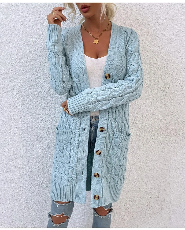 2023 Solid Cable Knit V Neck Button Through Women's MIDI Cardigan