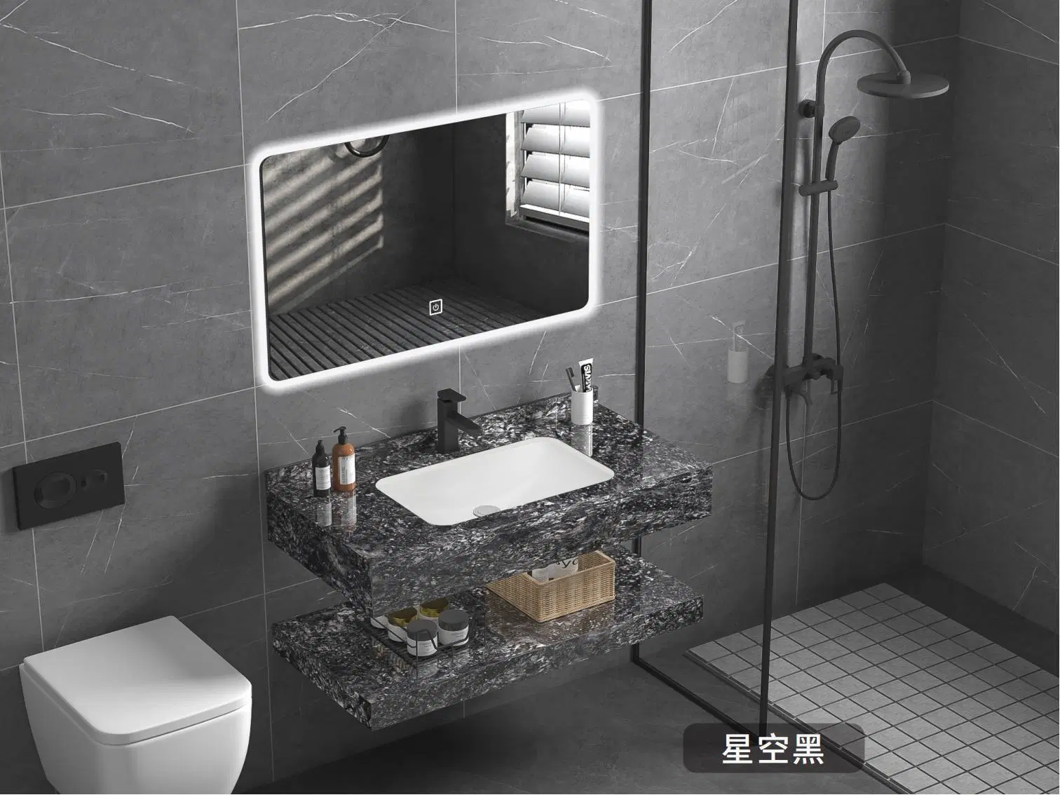 Meuble de salle de bain avec miroir à LED, armoire de rangement avec vasque en plaque de roche.