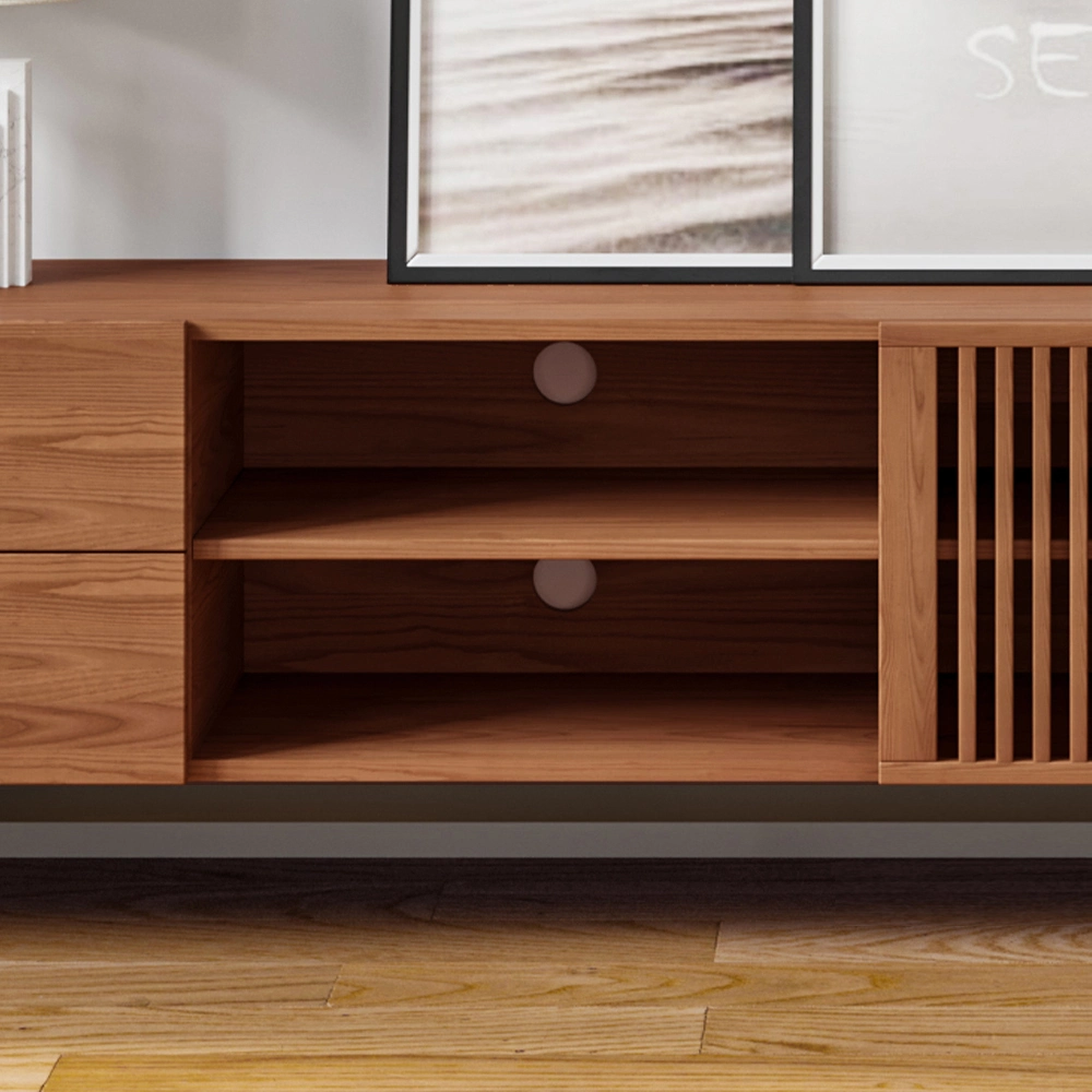 Povison Modern Louvered TV Stand, with Solid Wood Slatted Doors, Open Storage Furniture
