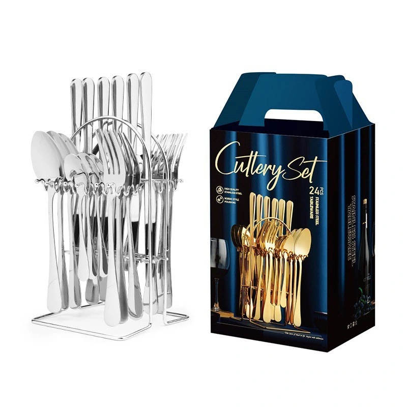 1010 Flatware Amazon Hot Sale Tableware cuchillo cuchara de tenedor elegante Juego de cubertería de acero inoxidable con 24 piezas y gradilla de metal