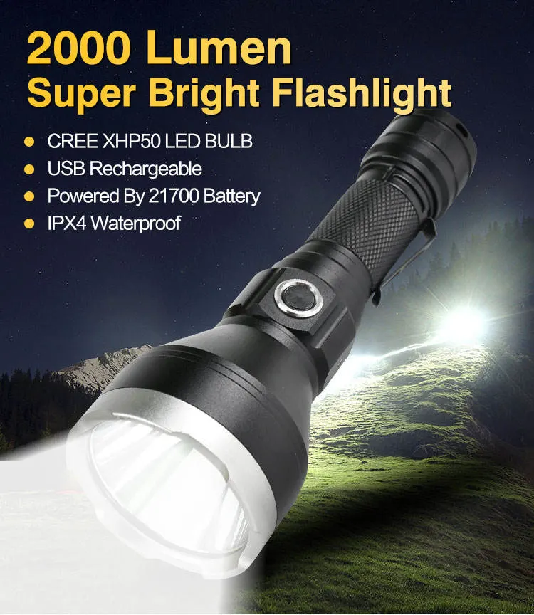 High Power 20W Xhp50 LED Flashlight Torch, 21700 Battery Handheld LED Flashlight Waterproof USB Rechargeable Aluminium Torch