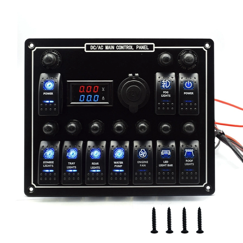 10 Gang Rocker Switch Panel 15A DC Output Car Auto Marine Waterproof LED AC/DC Dual Power Control Overload Protection