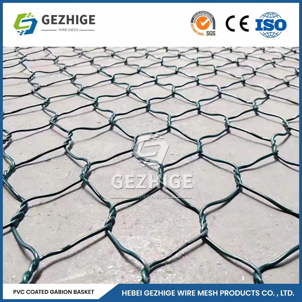 Gezhige 60X80 mm Metal Gabions Suppliers 4,0mm cable Thickness Green PVC gabion China 4,0*1,0*1,0 M Caja de gabion hexagonal malla