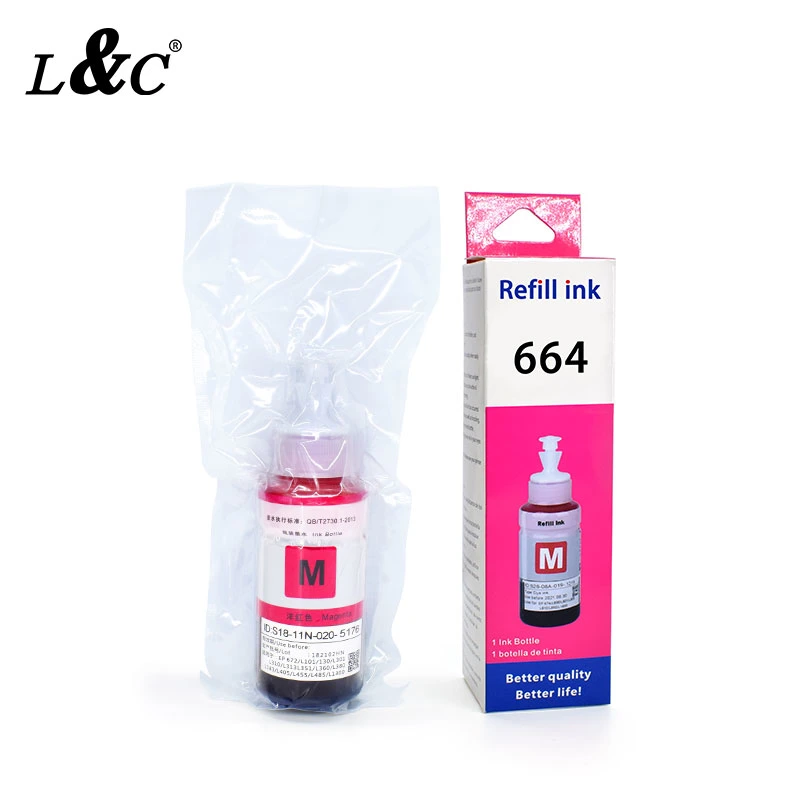 L&amp;C 664 EP664 T664 Ecotank recharge Encre dye compatible pour imprimante jet d'encre Epson L100/L111/L200/L211/L301/L211/L351/L353