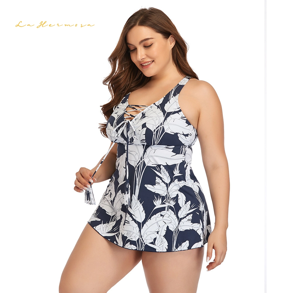 Summer Women Plus Size Two-Piece Swimwear Bathing Suit Wholesale/Supplier V Neck Strap Swimsuit Skirt Swimsuit with Boxer Shorts Beach Dress