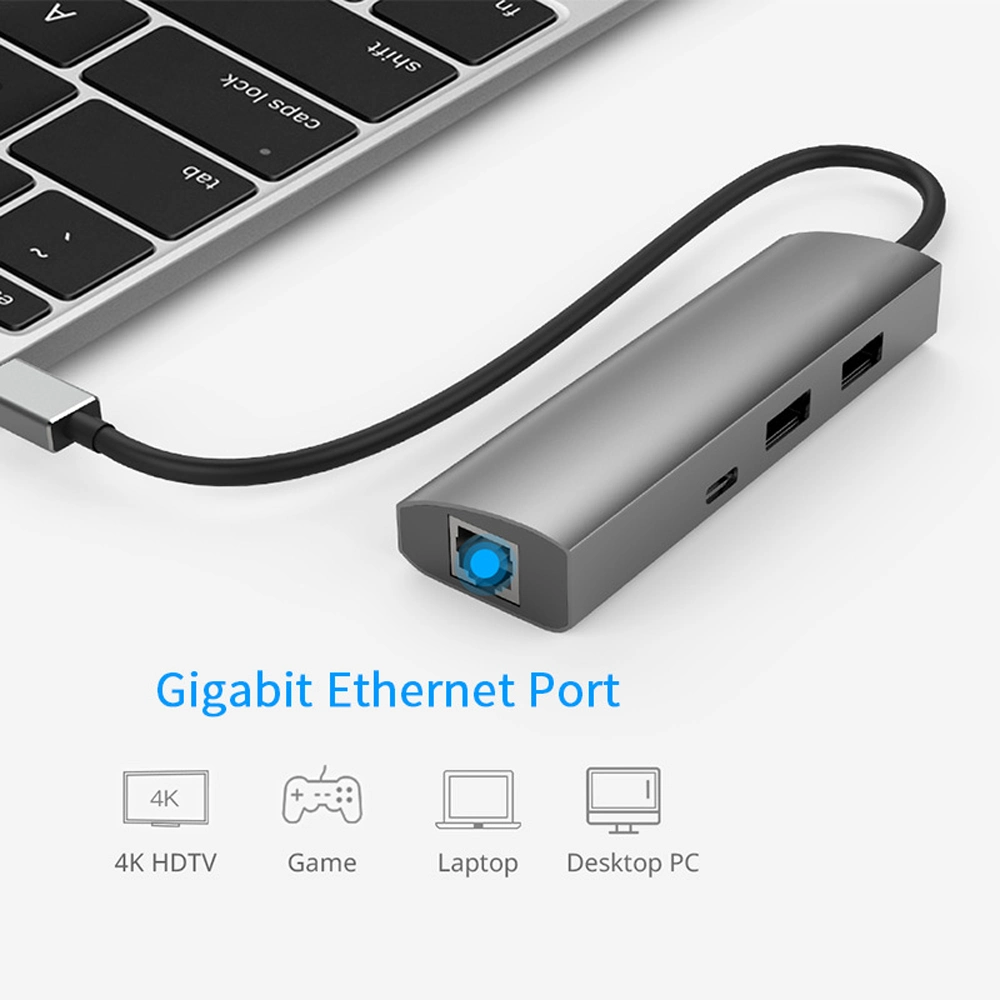 USB-C 4 Port Aluminum Hub with Gigabit Ethernet Port and Stable Data Syncing