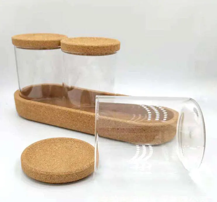 Glass Jar Set on Bamboo Tray and Natural Cork Lids Cork Tray