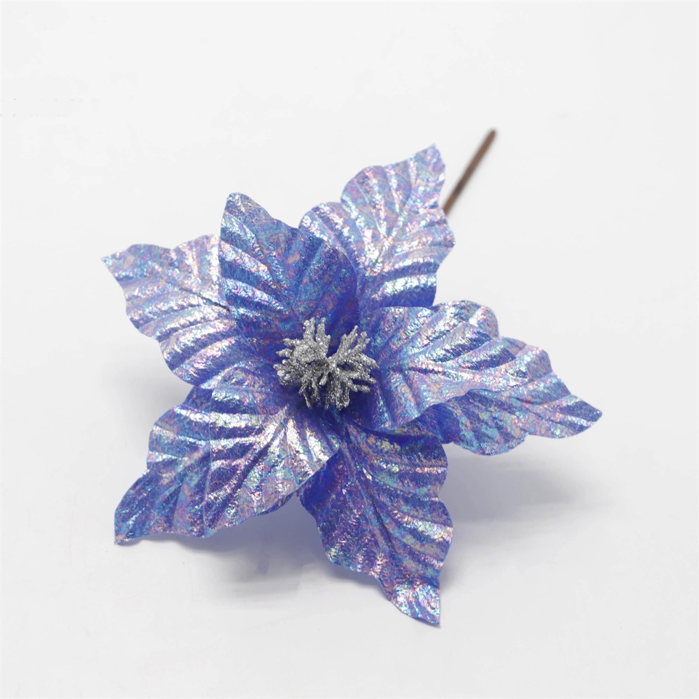 Christmas Tree Ornament Artificial Flower Xmas Blue Poinsettia with Glitter Berries for Home Decoration