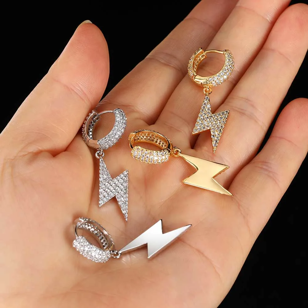 Europa y Estados Unidos Hot Hiphop Hoop Earrings caída de rayo Micro - Infografía Zircon personalidad Hipster Hipster Masculino y Femenino Aretes Joyas