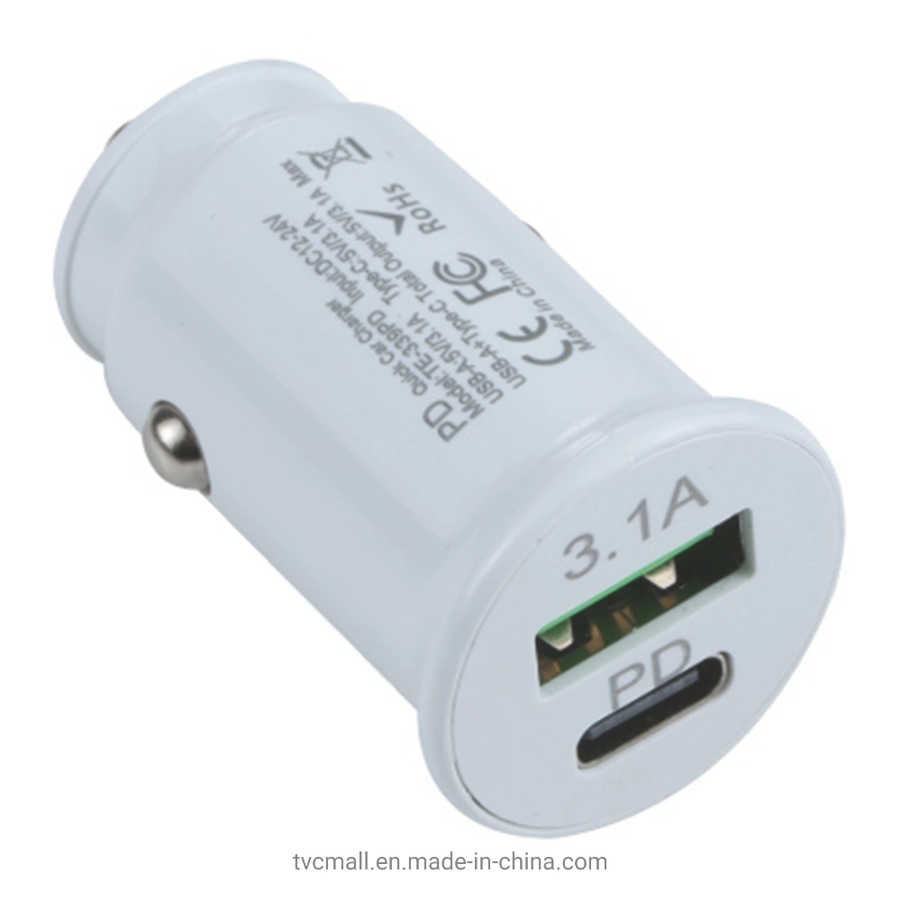 Hot Sale Te-339pd 5V/3.1A PC Type-C + 3.1A USB Mini Car Charger Dual Ports Cigarette Lighter Fast Charging - White