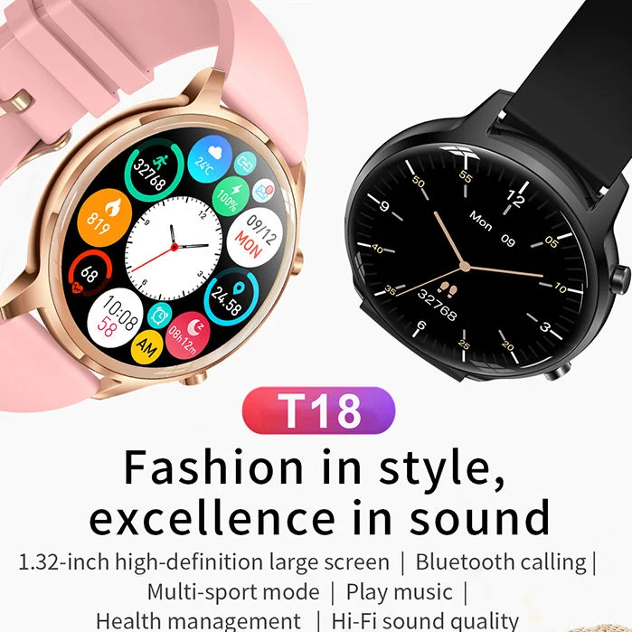 Nova Trending Smart Watch T18 Smartwatch Bt Call para mulher Ritmo cardíaco de cuidados de fitness para Android iOS